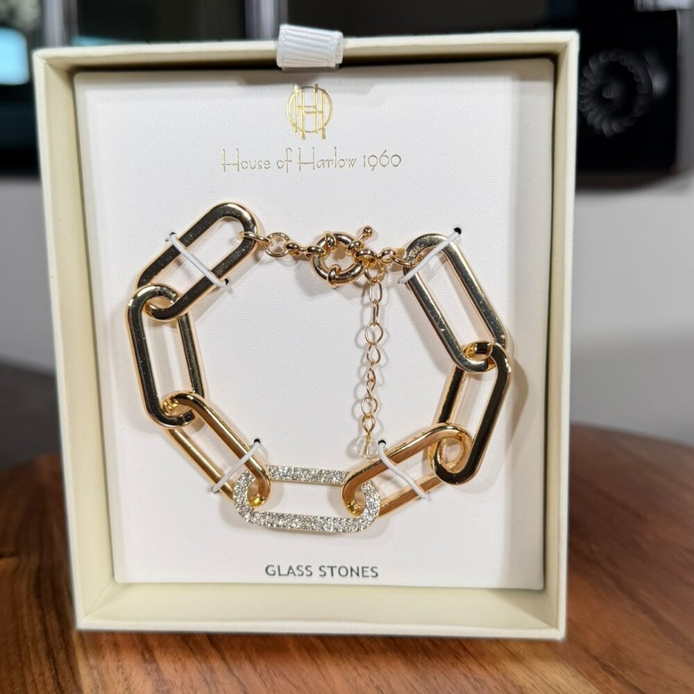 NEW House of Harlow 1960 Gold Chain Link Bracelet Glass Stones NIB